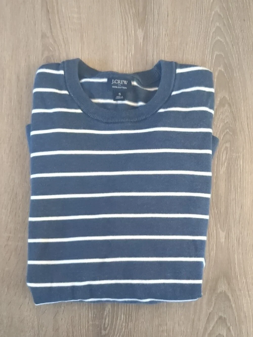 J. Crew Men's Navy and White Striped Crewneck Sweater
